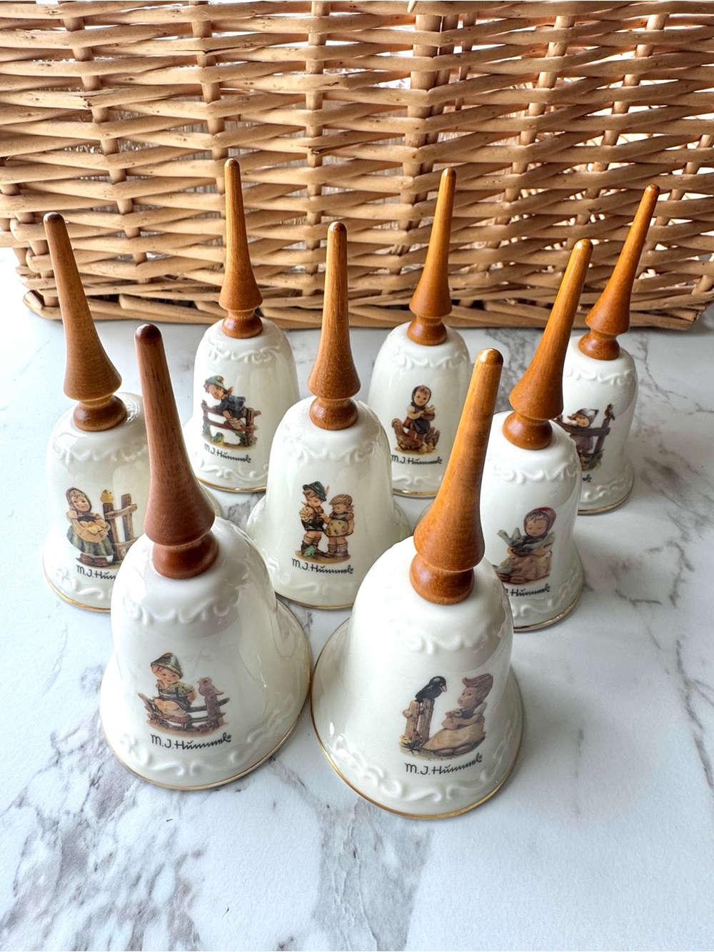 Hummel White Porcelain Collector Bells with Wood Handles - Set of 8